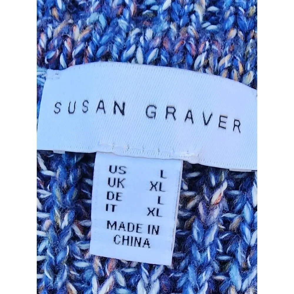 Susan Graver Blue Tweed Cardigan Sweater L – Preppy V-Neck Button-Up